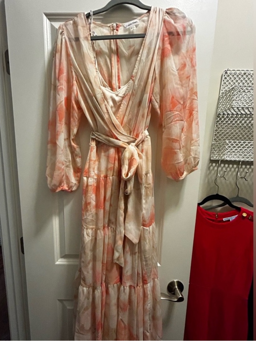 Calvin Klein Cream and Coral Floral Wrap Maxi Dress